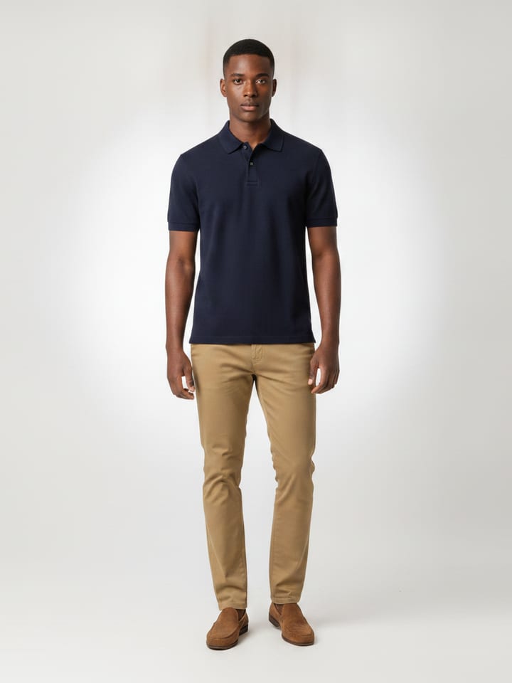 Model wearing the Navy Polo outfit